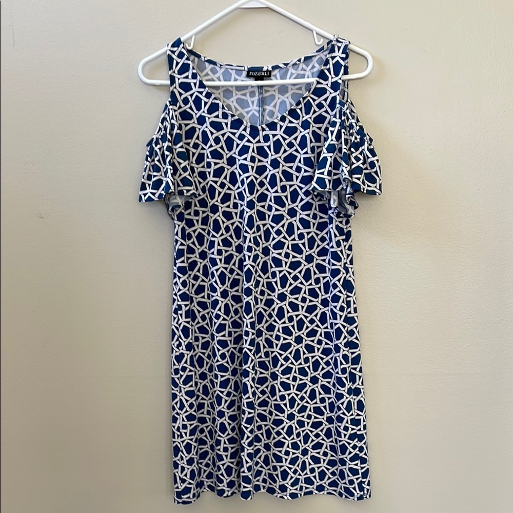 Roz&Ali Blue and White Cold Shoulder Patterned Women's Dress Sz S